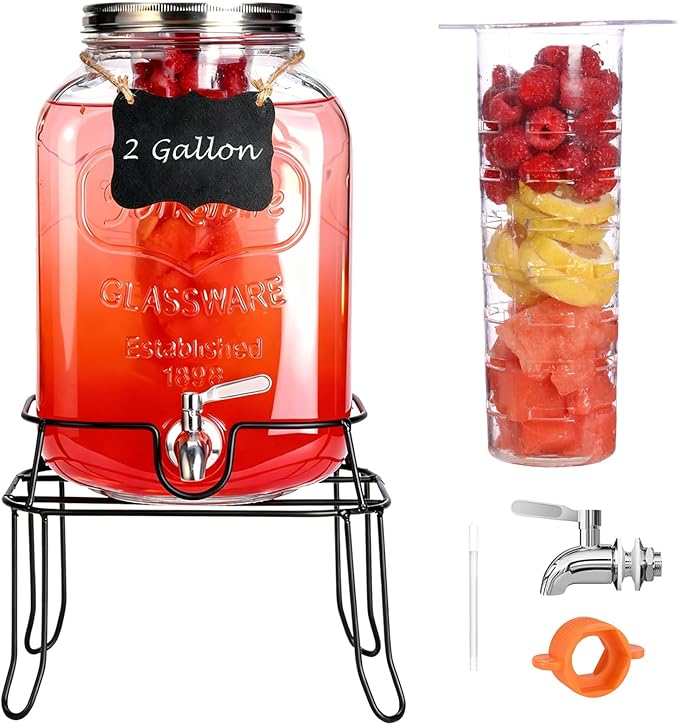 2 Gallon Glass Drink Dispenser For Parties,Beverage Dispenser with Stand,Lemonade Dispenser with 304 Stainless Steel Spigo...