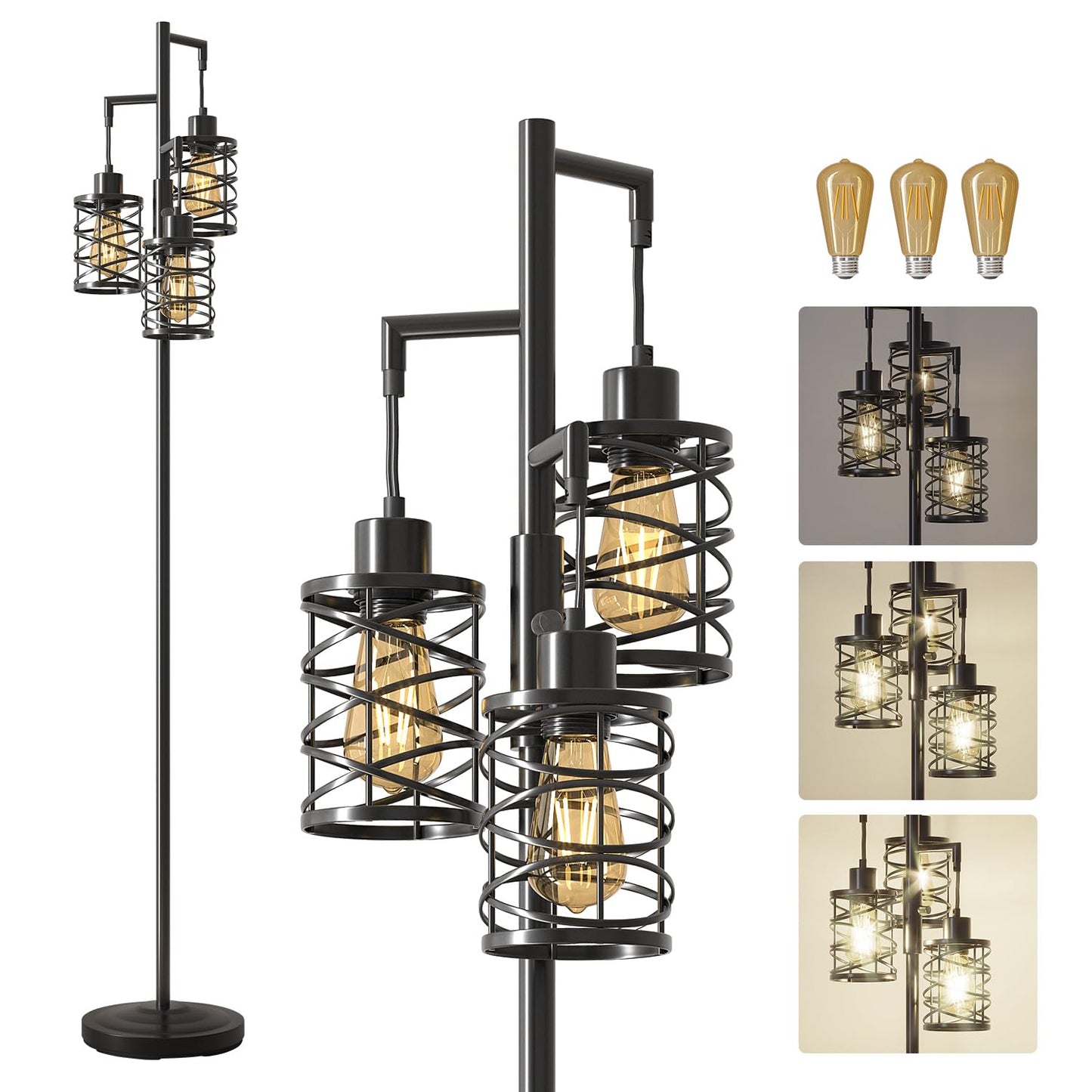 Oneach 70" Industrial Floor Lamp, Stepless Dimmable Standing Lamp with 3 Bulbs, Farmhouse Corner Standing Tree Lamp for Living Room, Tall Lamps for Bedroom, Office, Study Room, Dining Room, Black