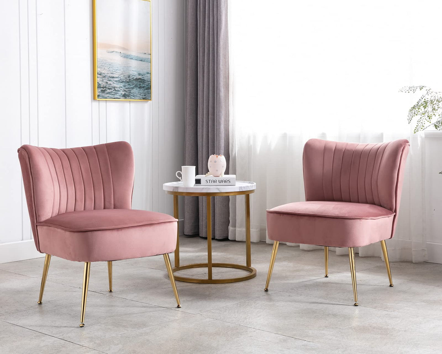 CIMOTA Velvet Accent Chairs Set of 2 Modern Armless Slipper Wingback Single Sofa Side Chair Comfy Corner Chair with Golden Legs for Living Room Bedroom, Pink