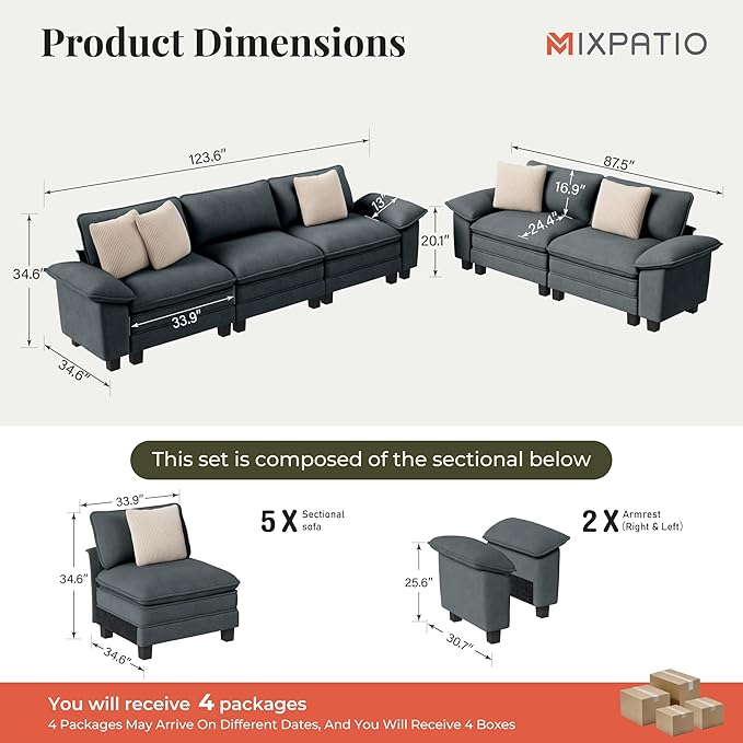 MIXPATIO L-Shaped Cloud Modular Sofa Set with Chaise Lounge, 5-Piece Sectional & Deep Seat, Plush Chenille w/Removable Arms for Living Room - Cyan