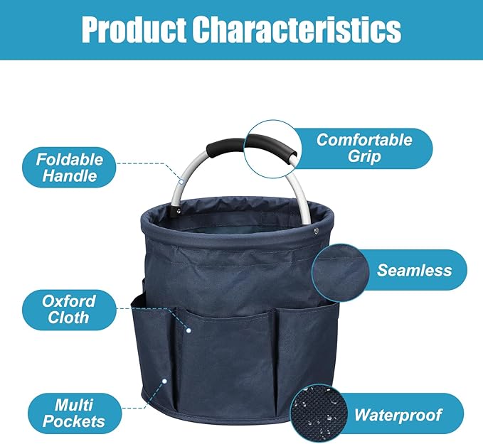 17L Cleaning Caddy with Handle,Foldable Tool Storage Basket,Garden Tool Organizer with 6 Pockets,Portable Cleaning Bucket Organiser for Storing Towels,Home Storage (Navy Blue)