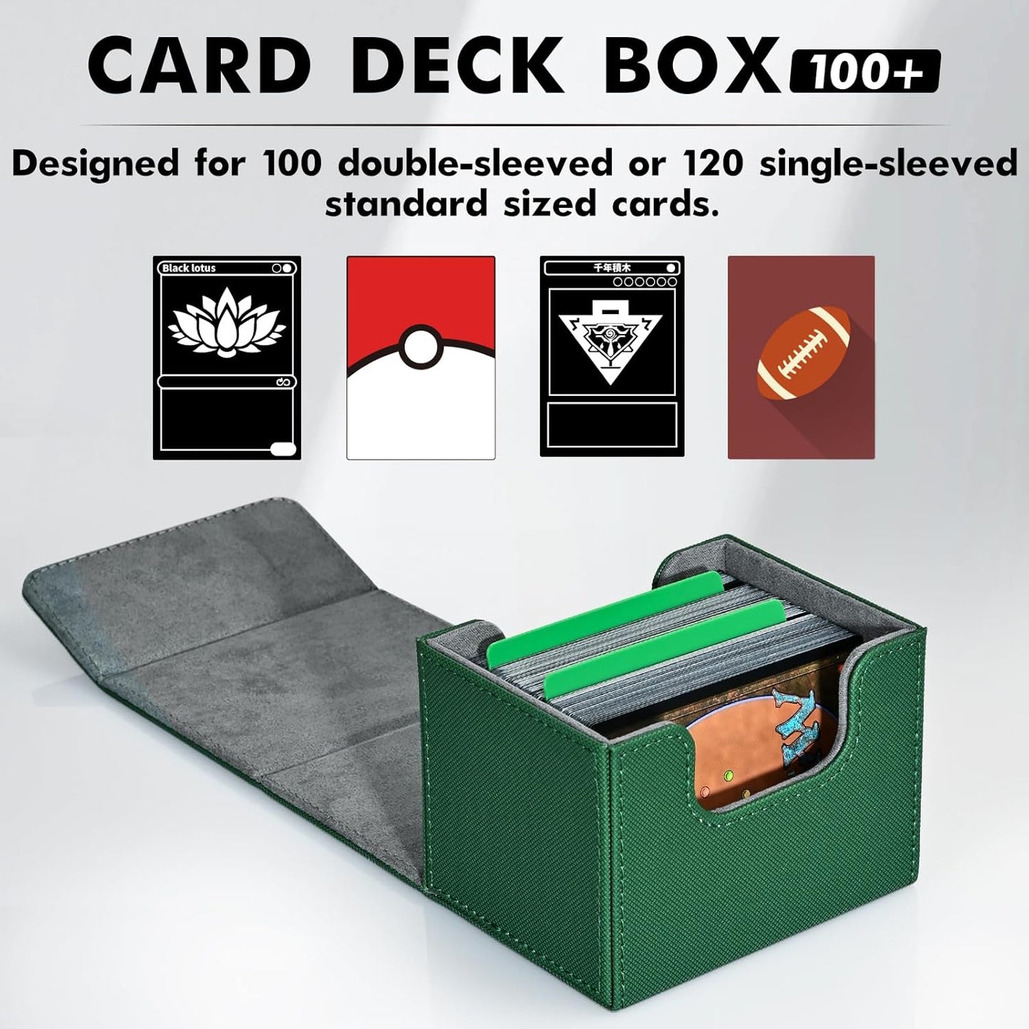 ZLCA Card Deck Box for Trading Cards, MTG Commander Deck Box Holds 120+ Single Sleeved Cards, Leather Magnetic Card Storage Box Fits for TCG CCG Magic Cards (Green)