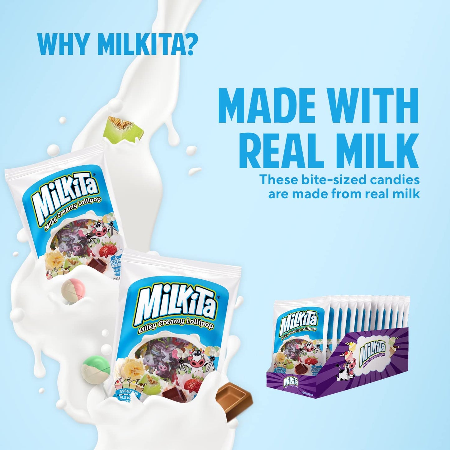 Milkita Creamy Shake Lollipop Bag, Gluten Free Chewy Candies with Calcium & Real Milk, Low-Sugar, Assorted Flavors (Strawberry, Chocolate, Honeydew, Banana), 15 Pcs