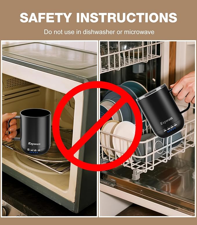 Kepwam Self Heating Coffee Mug T1-16oz Fast Heating & Ultra Long-Lasting Battery Life, Heated Coffee Mug Up to 149℉ - Touch & App Controlled Coffee Mug, Birthday Gifts for Women and Men