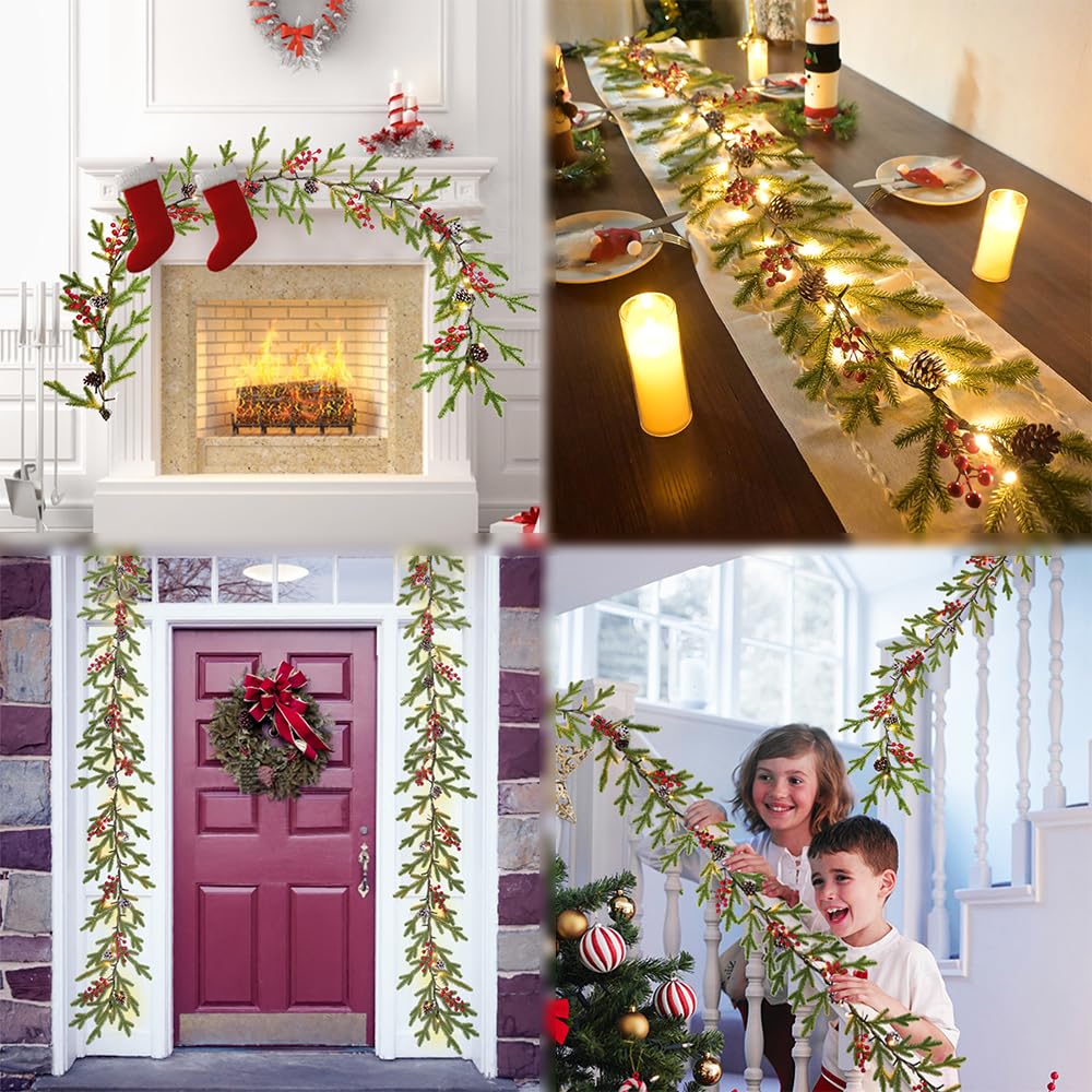 Superior Christmas Garland 6.56 FT 40 Rice LED Pine Garlands with Lights Battery Operated with Timer 8 Flash Modes Christmas Decoration for Mantle Fireplace Indoor Outdoor Holiday Home Xmas Decor