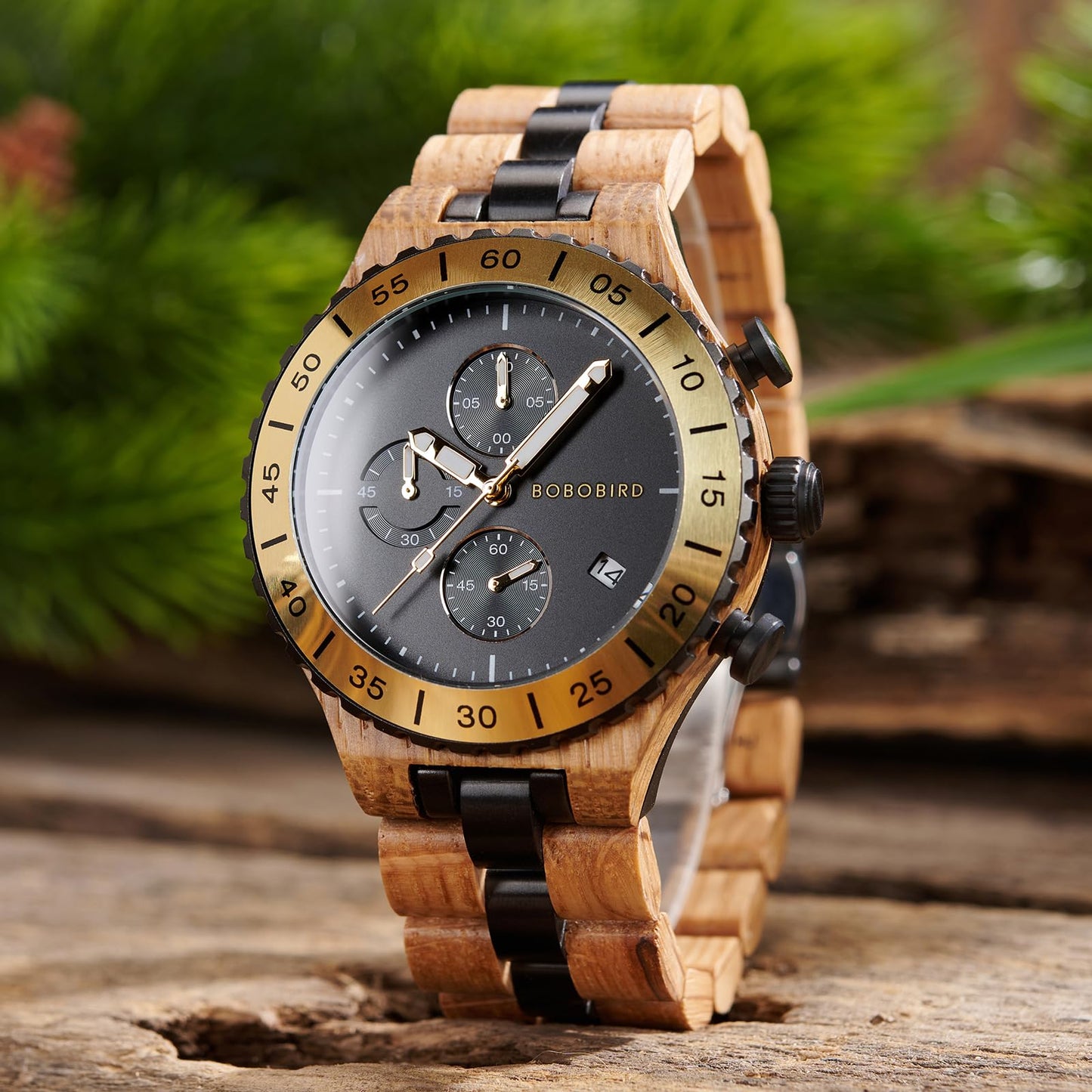 2win Engraved Wooden Watches for Men Gold Date Chronograph Military Luxury Japanese Movement Personalized Anniversary Watch Gift for Husband My Man Boyfriend (A-for-Husband)