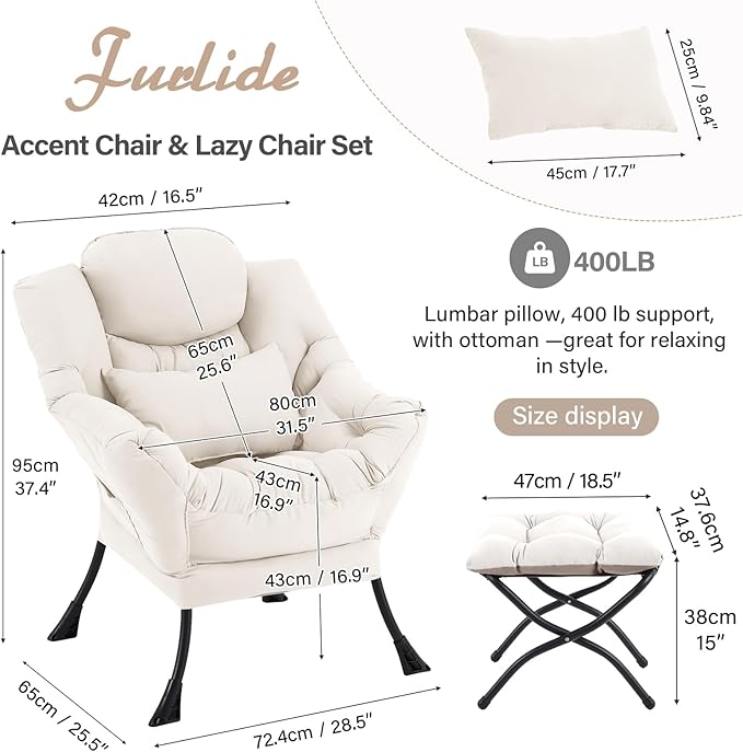 Furlide Lazy Chair with Ottoman, Comfy Fabric Accent Lounge Arm Chair with Lumbar Pillow and Folding Footrest, Reading Leisure Sofa Chair for Bedroom, Living Room, Dorm,Beige