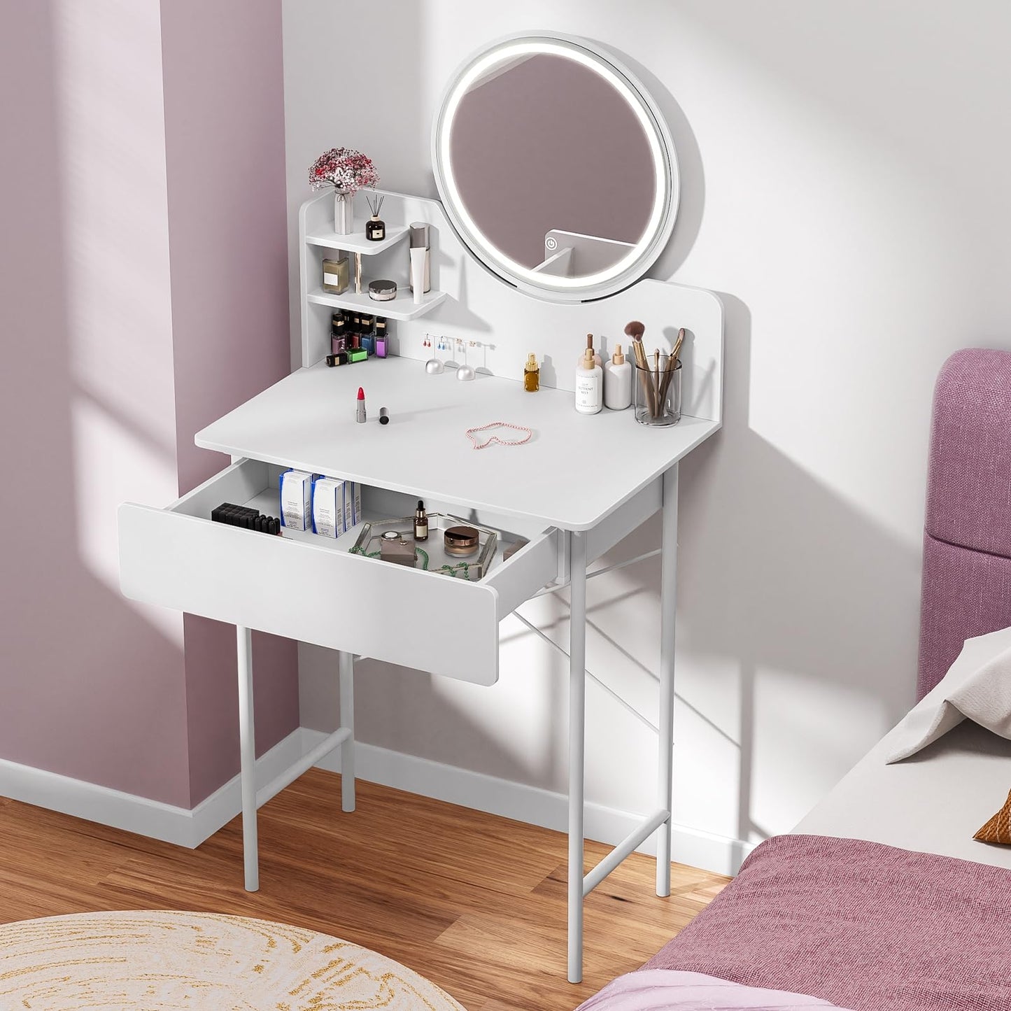 OSKOPWRC Small Makeup Desk, White Makeup Table with LED Lighted Mirror, Dressing Table Drawer, Open Shelves, Adjustable Brightness, Elegant for Women Small White