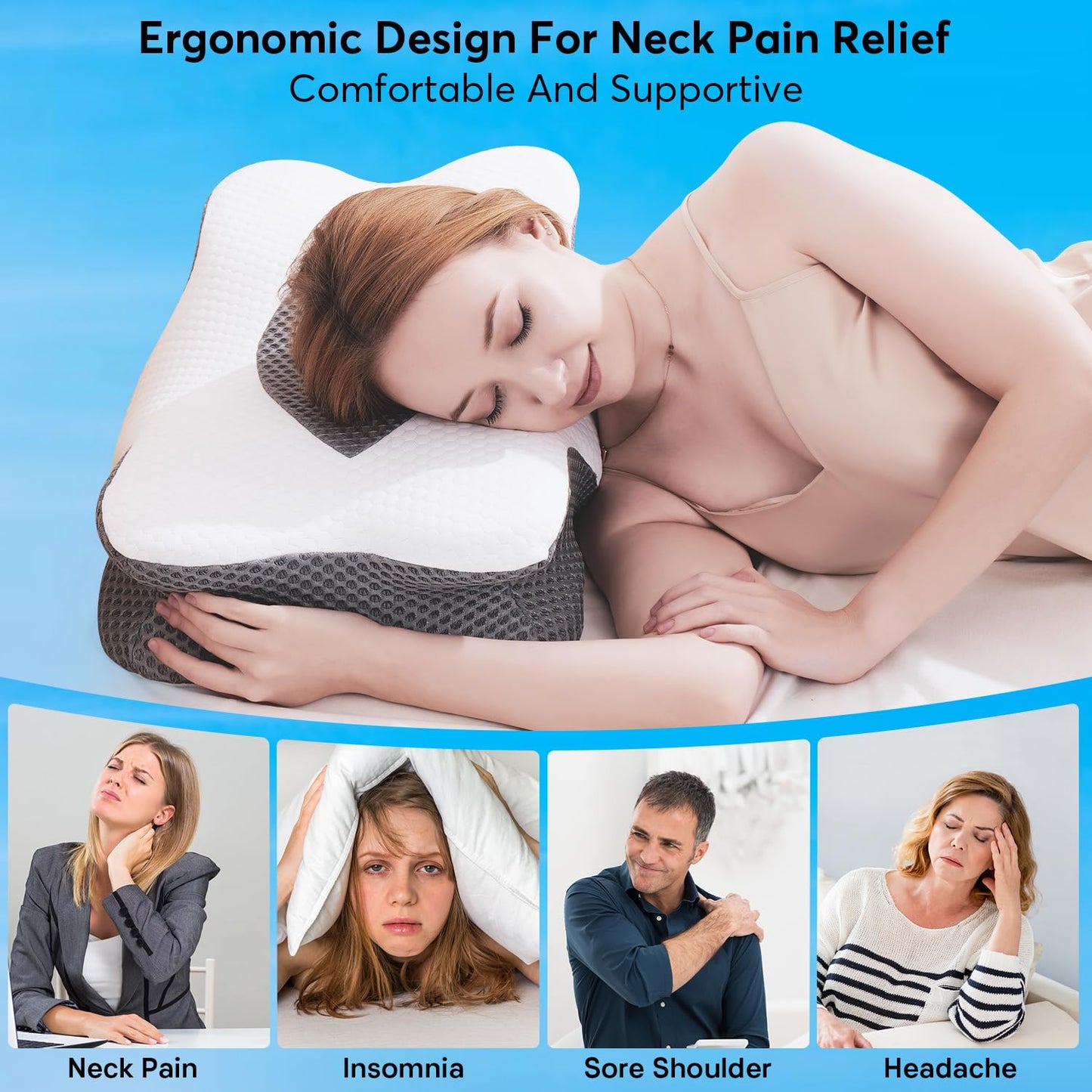 Anvo Cervical Pillow for Neck Pain Relief - Neck Pillows for Pain Relief Sleeping - Pillow for Neck and Shoulder Pain - Ergonomic Design for Side Back Stomach Sleeper-Grey Queen Firm