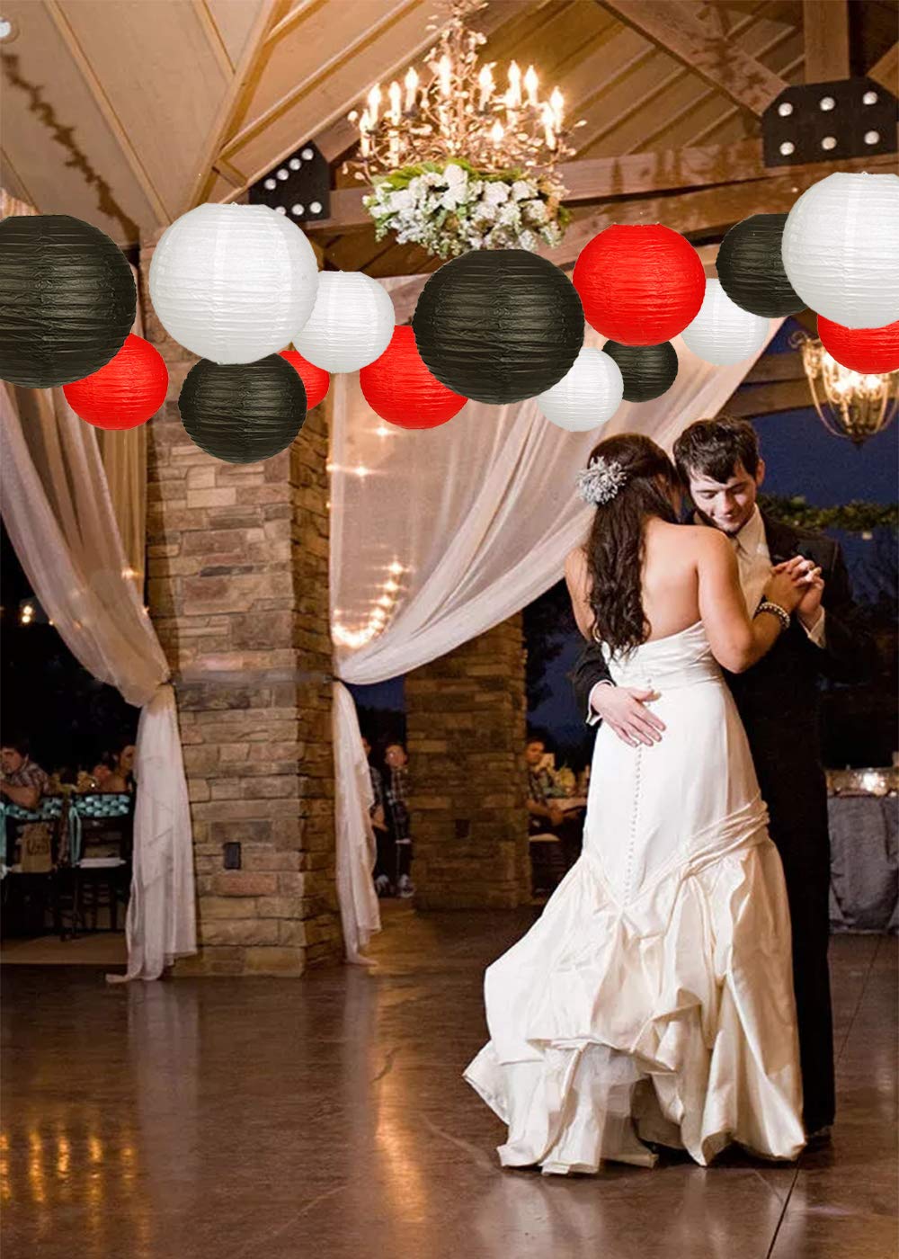 zilue 24pcs Hanging Round Paper Lanterns for Wedding Birthday Party Baby Showers Decoration Black/Red