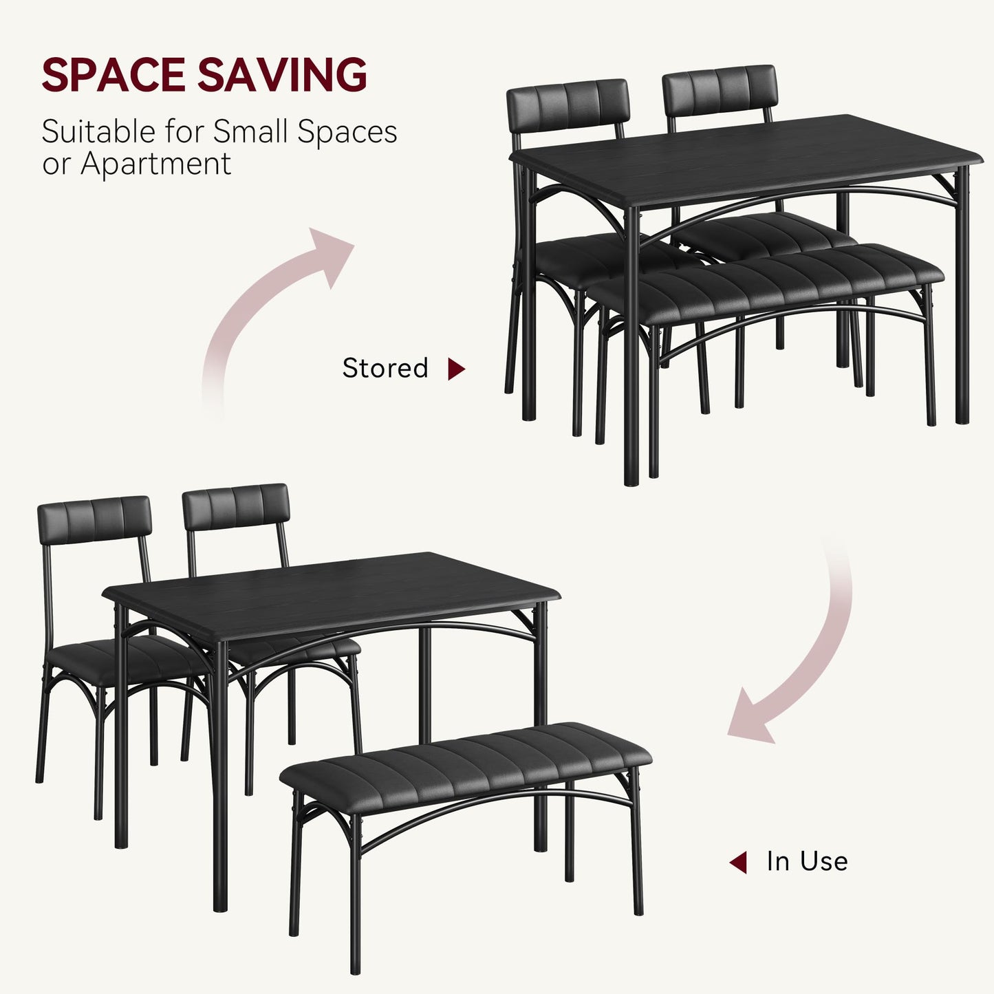 SLEKVERSA Dining Table Set for 4, Small Dining Table Set with Upholstered Bench and 2 Chairs, Kitchen Table and Chairs for 4, for Small Space, Apartment, Dinner, Rustic Black
