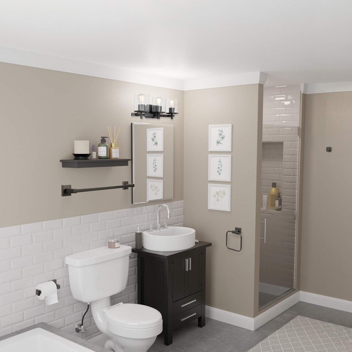Globe Electric 51634 Dakota 5-Piece All-in-One Bathroom Set 3 Vanity Light with Seeded Glass Shades, Bar, Toilet Paper Holder, Towel Ring, Robe Hook, Matte Black
