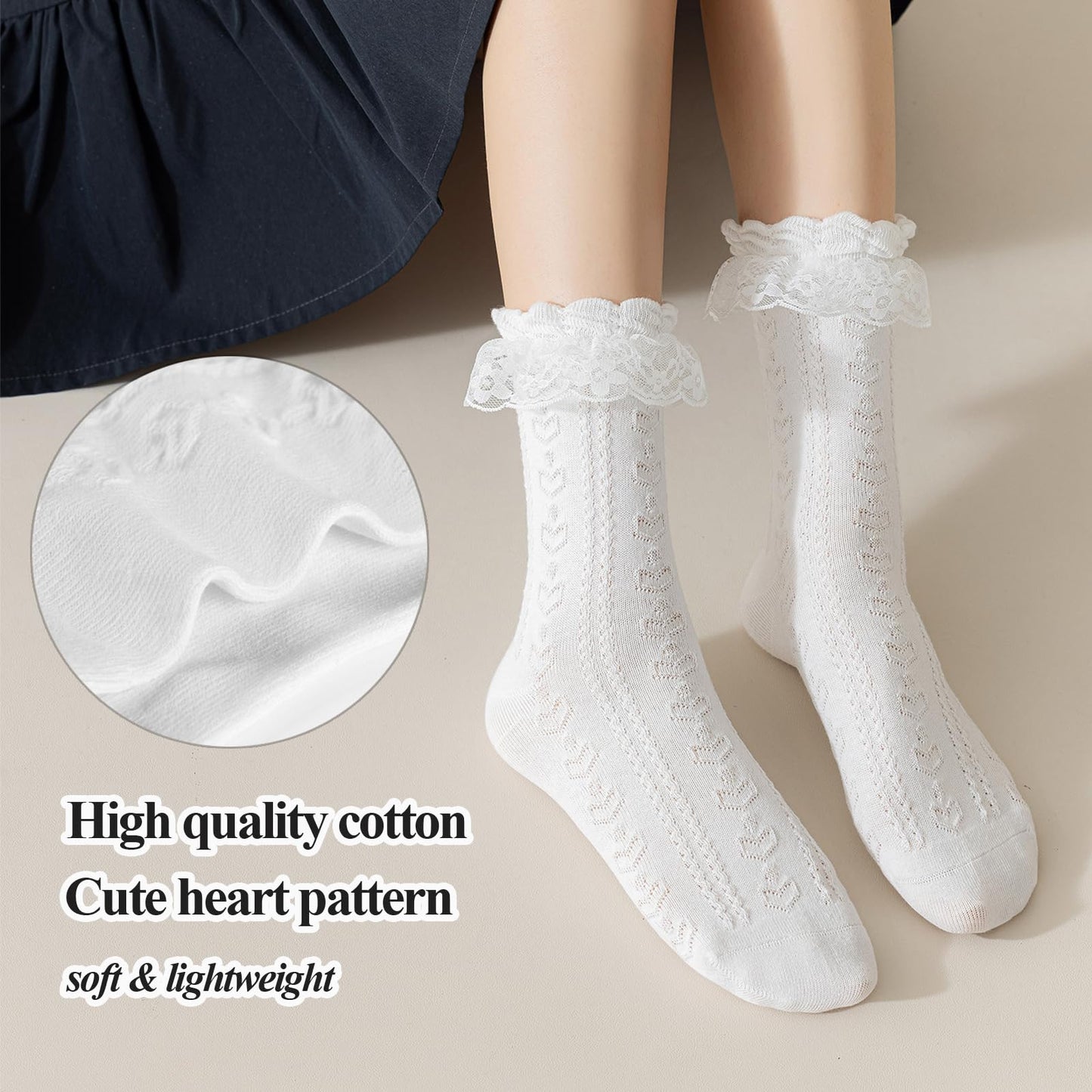 BIVOLU Womens Crew Socks Lace Ruffle Frilly Cotton Cute Princess Ankle Dress Socks for Girl 5 Pack