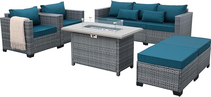 Lviden 6 Pieces Wicker Patio Furniture Sets Outdoor Conversation Set HDPE Rattan Sectional Sofa Couch with 45" Fire Pit Table and Peacock Blue Cushions