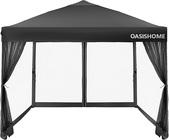 OASISHOME 10'x10' Pop-Up Gazebo Canopy Tent with Netting Sidewalls & Wheeled Bag,Weight Bag, Stakes, Ropes, Waterproof, UV...