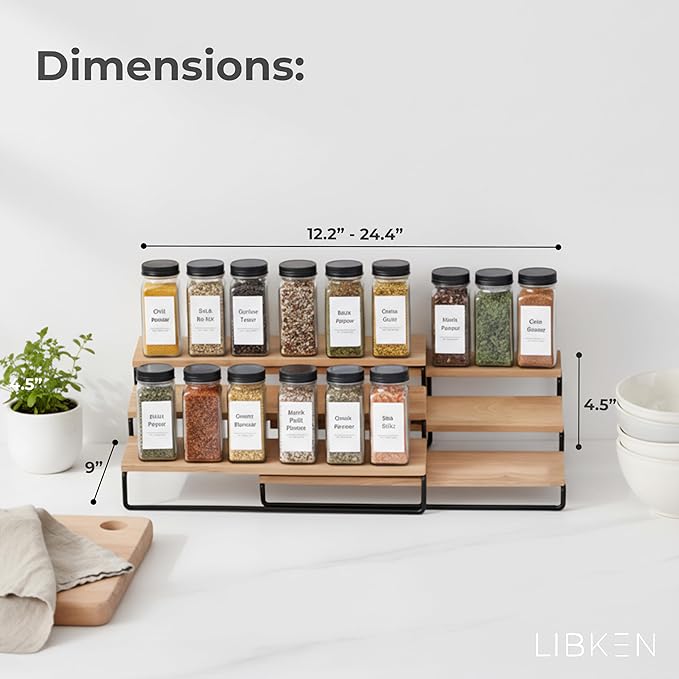 Tiered Spice Rack Organizer – Wood & Metal Countertop & Cabinet Spice Stand, Strong & Sturdy 3-Tier Shelf for Kitchen, Pantry, Seasoning Bottles – Minimal Scandinavian Design - Wood Brown