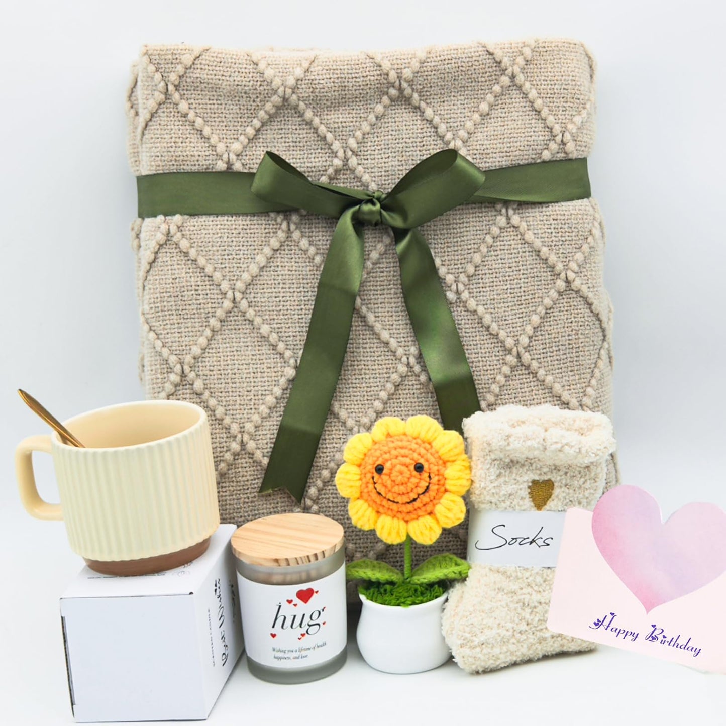 wangpengkai Birthday Gift Box for Women, 8 Pcs Get Well Soon Gifts Basket After Surgery, Sympathy Self Mother's Day Care Package, Cozy Off White Hug Blankets Gift for Sick Friends- Khaki