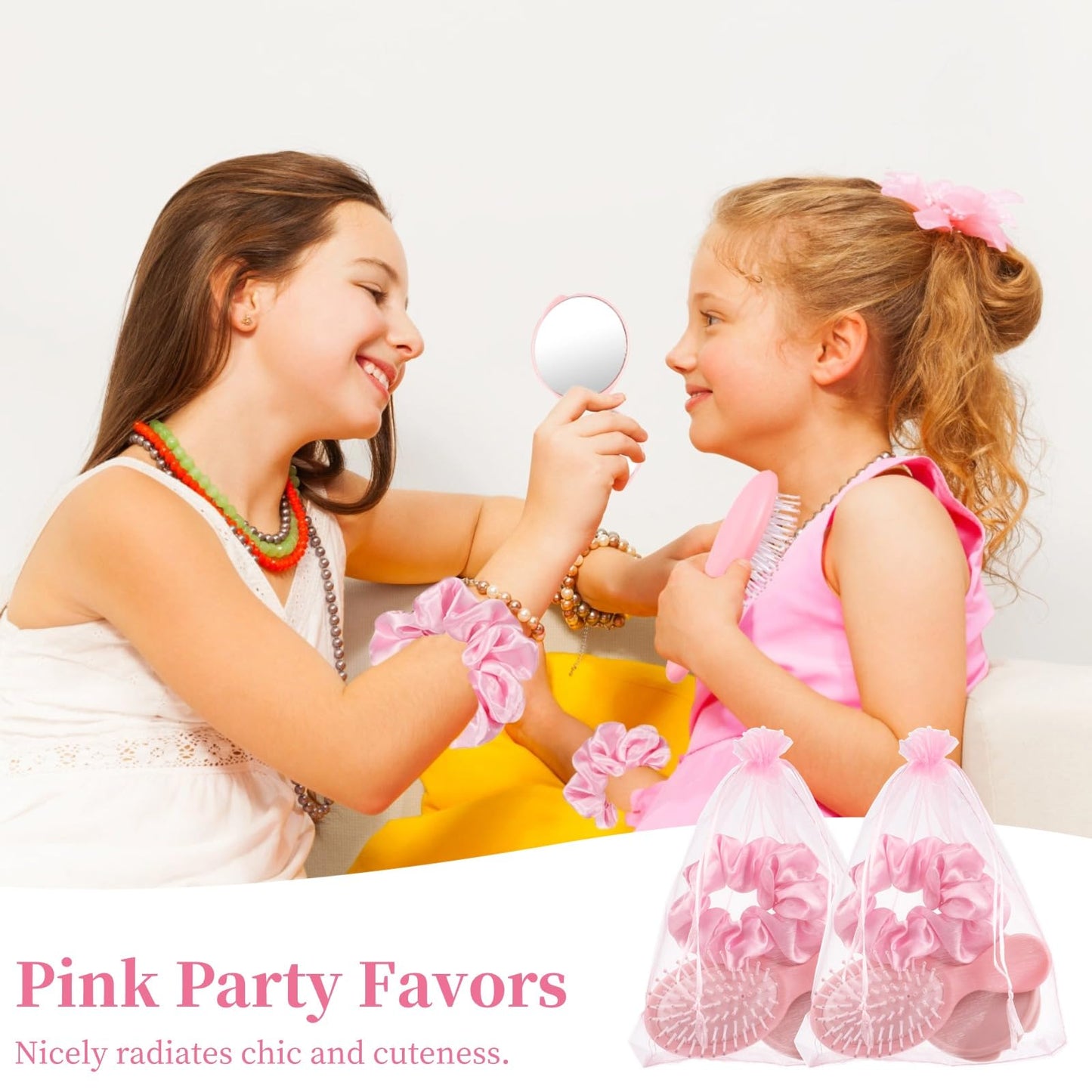 Tideme 48 Pcs Pink Party Favors, Pink Makeup Party Supplies, Including Hair Brushes, Elastic Scrunchies, Pocket Cosmetic Mirrors