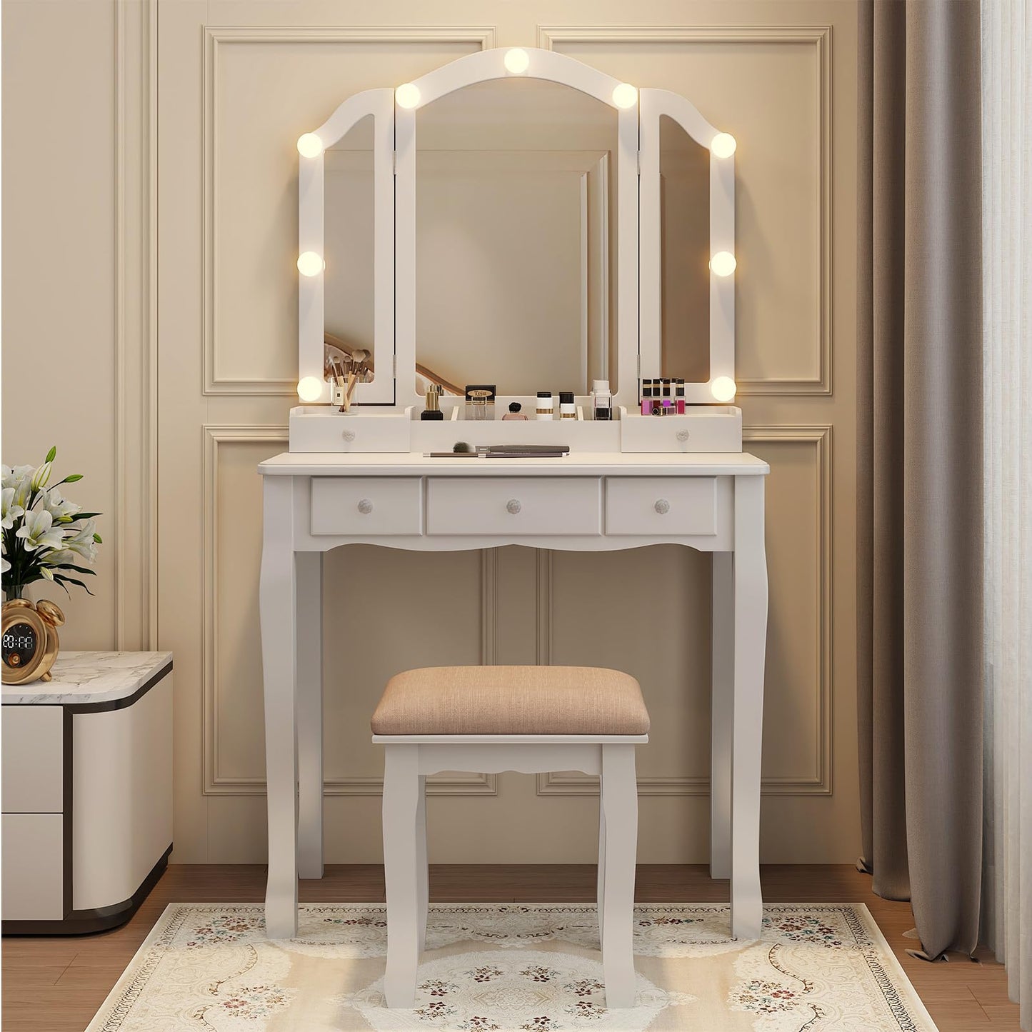 HIULOG Vanity Desk with Mirror and Lights, Vanity with Stool,5 Drawers and Cabinets White Vanity Mirror with LED Lights Vanity Desk and Chair for Bedroom
