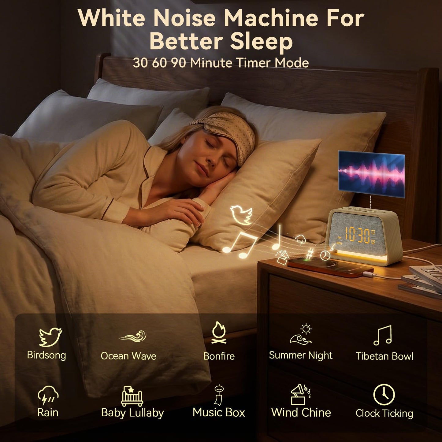 Vivilumens Wooden Alarm Clock White Noise Sound Machine for Sleep 10 Soothing Sounds 10 Natural Sounds for Adults Sleeping Digital Dimmable Night Light Gentle Clock for Bedroom Dual Alarm Ideal Gift