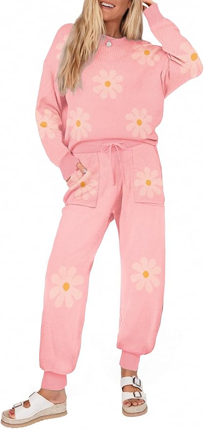 Ekouaer Women's 2 Piece Lounge Set Long Sleeve Knit Pajamas Sweatsuit Jogger Pant Outfits With Pockets S-XXL