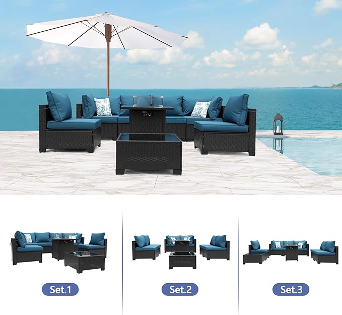 3D MATRIX 8 Pieces Patio Furniture Set with 28" Fire Pit Table, Wicker Outdoor Sectional Couch, Rattan Conversation Set for Backyard, Deck, Garden Lawn, Coffee/Peacock Blue