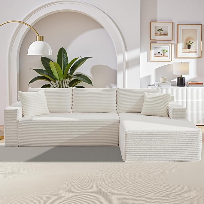 105 Inch Modular Sectional Sofa,Modern Cloud Sectional Couch with Deep Seat,Corduroy Boneless Couches with L-Shape Chaise for Living Room Bedroom,No Assembly Required (White, Right Facing Chaise)
