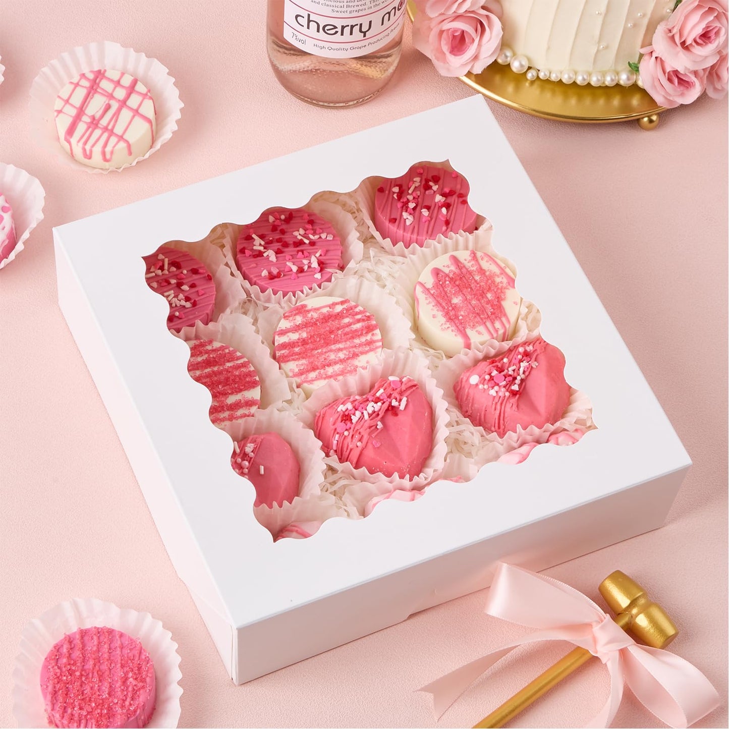 9" x 9" x 2.5" Pie Boxes, 20 Pack Auto Pop-up Chocolate Covered Strawberry Boxes White Bakery Boxes with Window for Cookies, Treats, Pastry, Breakable Heart, Donuts, Muffins