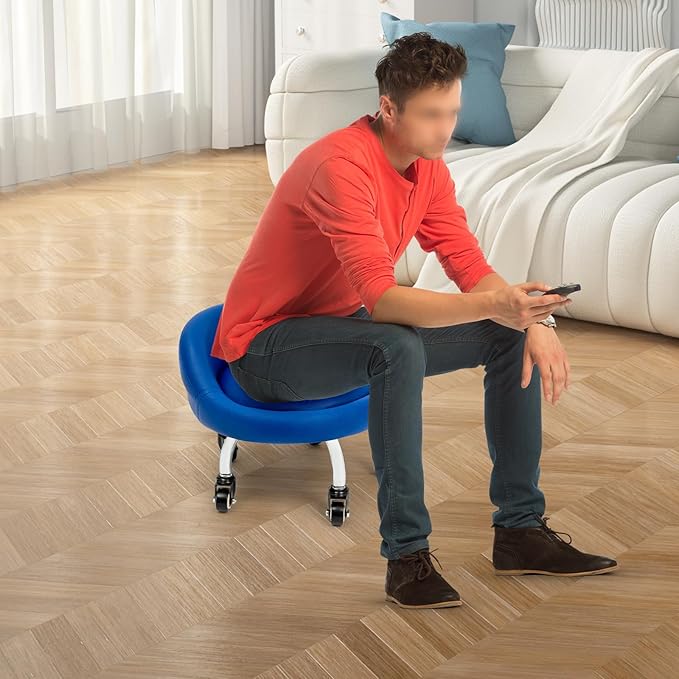 DouSeiAi Rolling Stool with Backrest 220 Lbs High Weight Capacity Foam Roller Seat and 5 Universal Wheels for Men Women Boy Girl Furniture Gift, Home Office, (Blue)