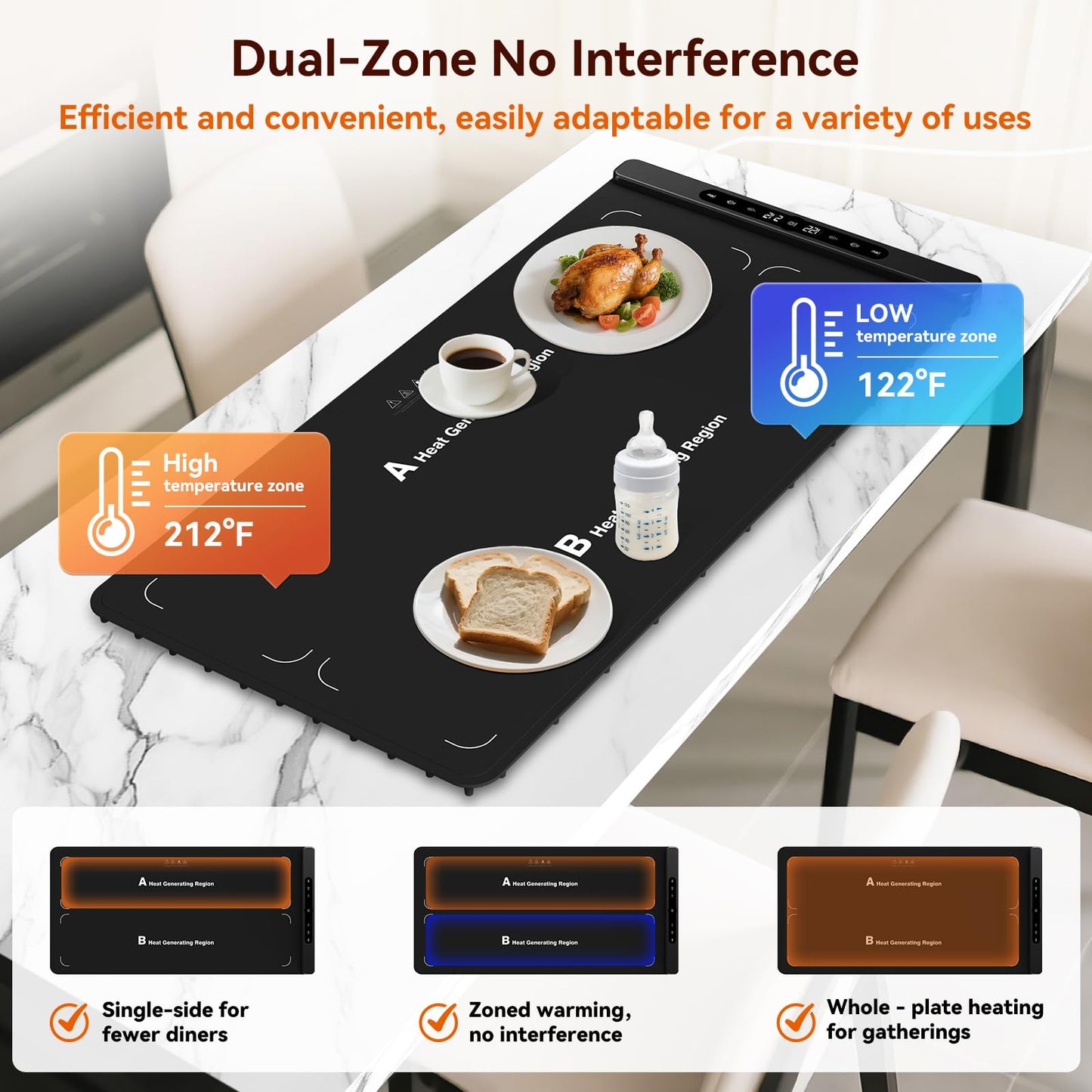 Newise Graphene Warming Mat for Food, Dual-Zone Heating XXL 36”x17”, Food Warmer for Parties Buffets with 6 Temperature & Timer, Child Lock, Daily Use, Gift for Family, Mom, Black