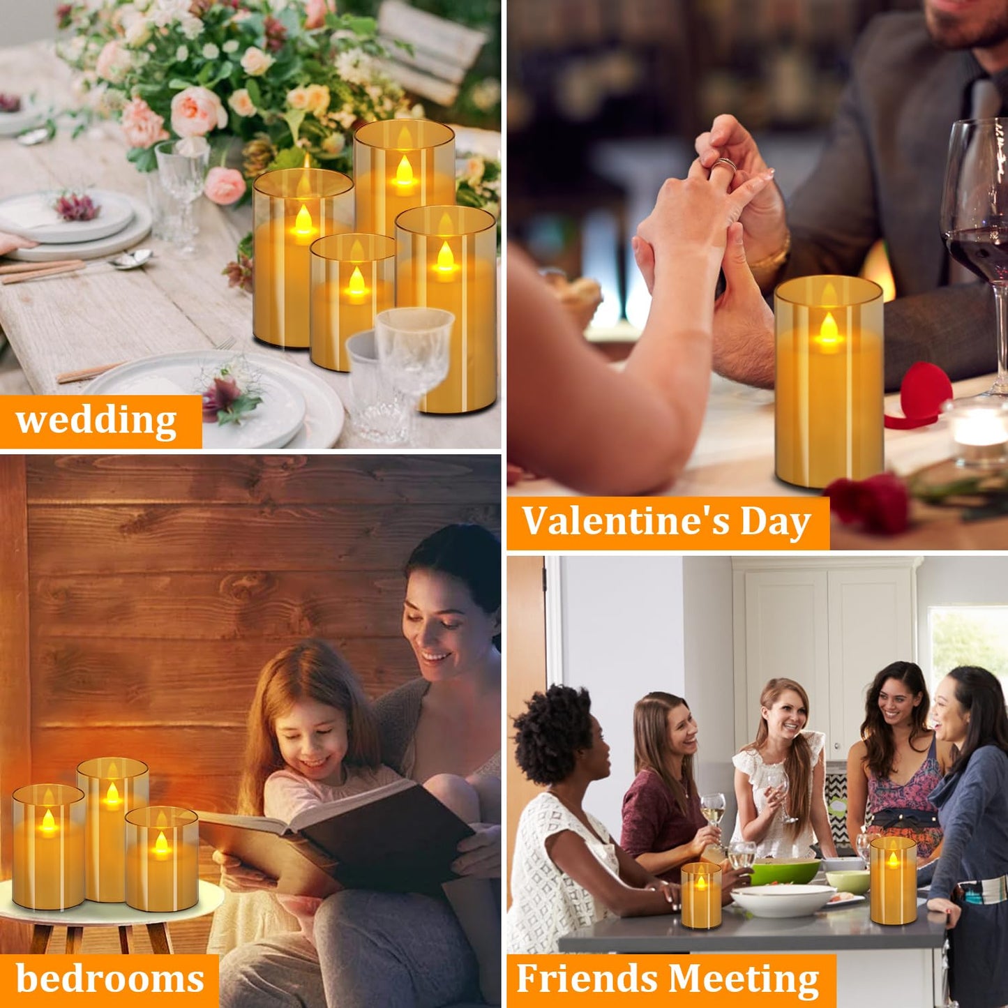 wemarry Flameless Candles 4" 5" 6" Set of 12 Acrylic Glass Pillars 3" Diameter Battery Operated Flickering Candles Include 8-Key Remote with Timer Function 400+ Hours (Amber, 12 Pack)