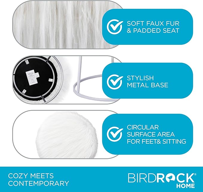 BIRDROCK HOME Round Faux Fur Foot Stool - Small Padded Ottoman w/Soft Cushion for Living Room, Bedroom, or Makeup Room - Modern Upholstered Accent Chair, Vanity Seat, Footrest for Couch/Sofa - White