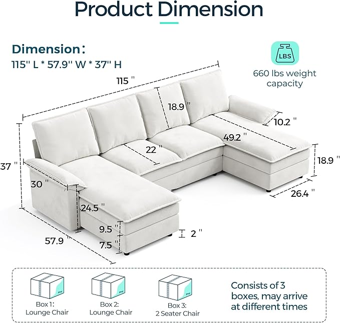 LINSY HOME U Shaped Cloud Couch Sectional Sofa, 115" Modular Couches with Double Chaise Lounge, Chenille 4 Seater Sofa Set for Living Room, Apartment, Office, Beige