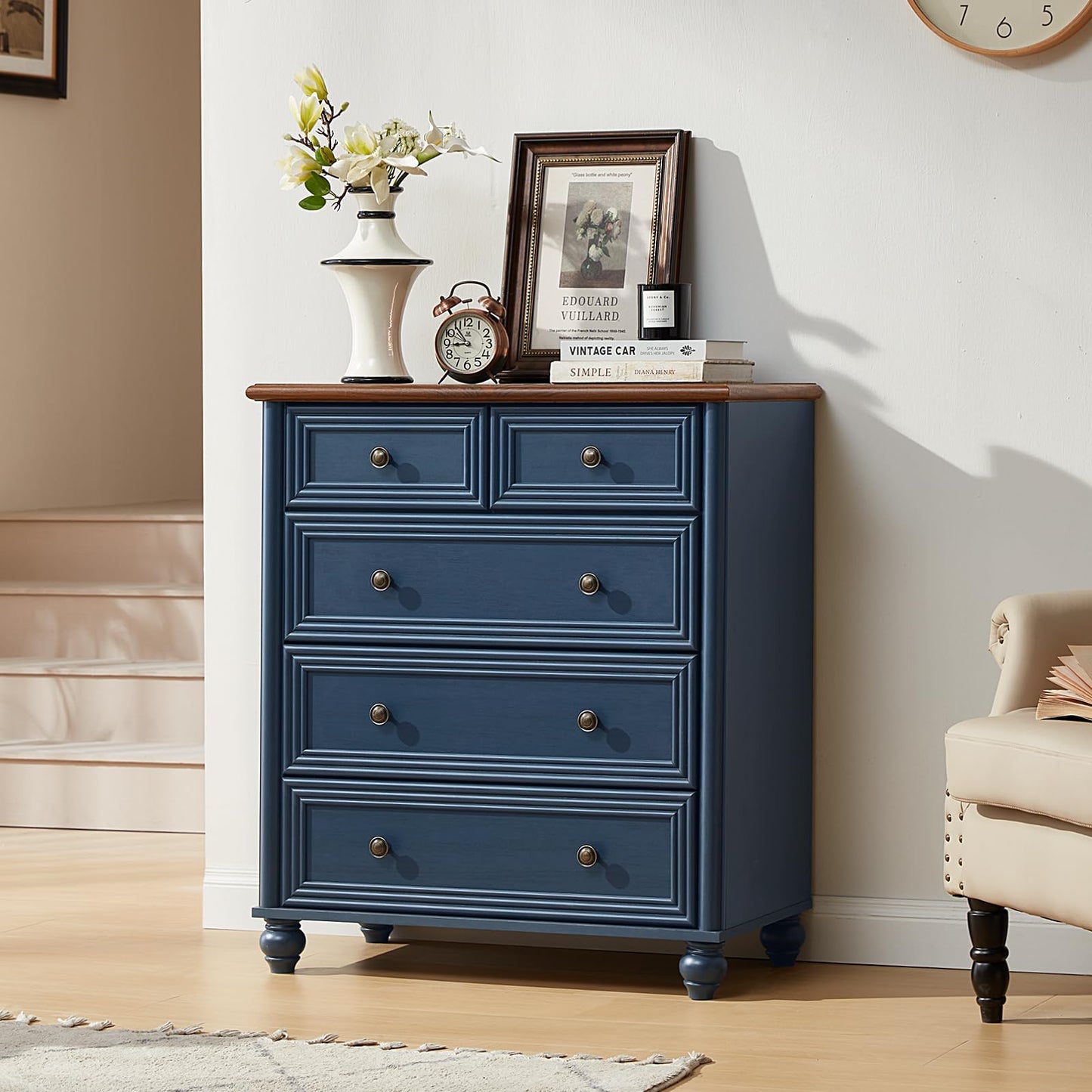 RWYHG Farmhouse 5 Drawer Dresser for Bedroom, 35.5" Tall Small Dressers & Chest of Drawers, Rustic Wood Dresser with Roman Column, Storage Organizer for Living Room, Hallway, Closet (Blue)