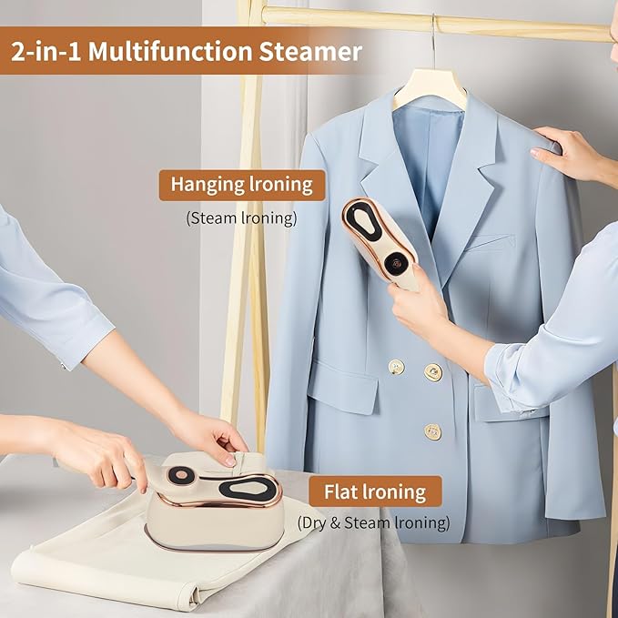 1000W Travel Steamer for Clothes, Steamer Iron For Clothes 2 in 1, Portable Steam Iron, 4 Modes LCD Display, 218ml for 25 Min Steam, 10S Fast Heat-Up, Ceramic Soleplate, 110V-120V