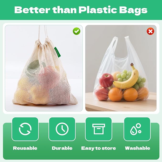 12+1 Pack Reusable Produce Bags, Cotton Mesh Produce Bags Reusable Washable, Grocery Bag, Double-Stitched Vegetable Bag with Drawstrings for Shopping, Transporting and Storing(4xS, 4xM, 4xL)