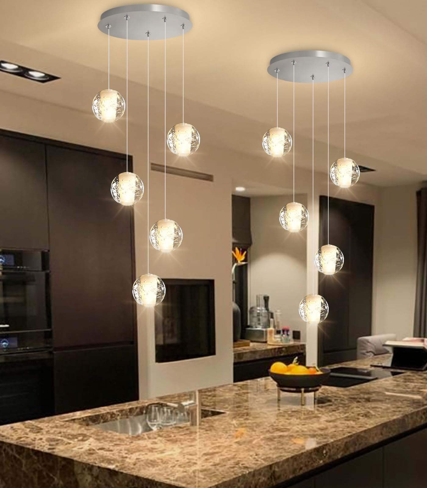 HAIXIANG 5 Lights Globe Chandelier Modern Crystal Glam Light LED Warm Light Pendant Lights for Dining Room Kitchen Island Brushed Nickel Lighting Fixture