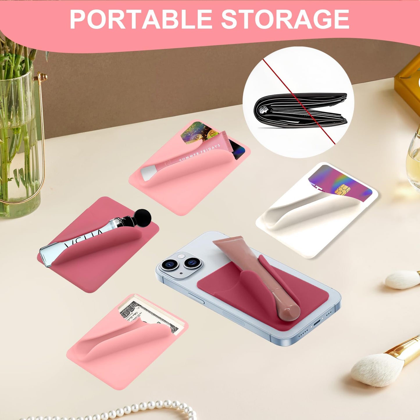 Loooghom Phone Case With Lip Gloss Holder, Card Slot, Compatible With Iphone And Android, Rose Red