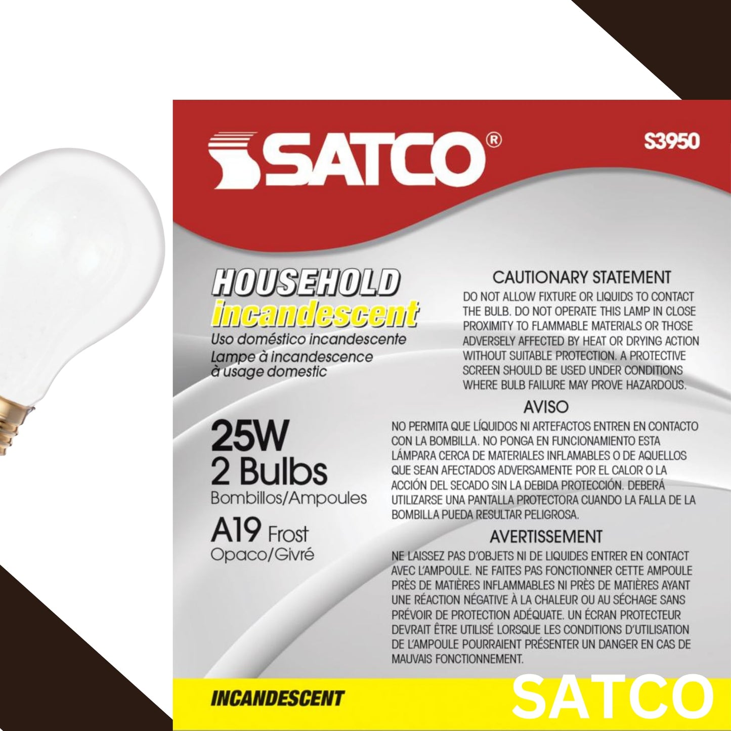 Satco S3950 A19 Incandescent Bulb, 25W, 130V, Frosted Finish, 180 Lumens, Medium E26 Base, Dimmable, 2700K Warm White, 2,500 Hour Lifespan (12 Bulbs)