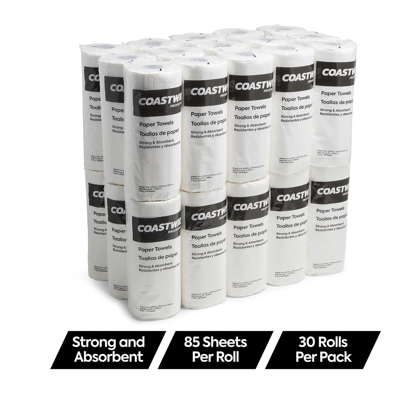 COASTWIDE 2-Ply Kitchen Paper Towels, 85-Sheets Per Roll, 30-Pack, White