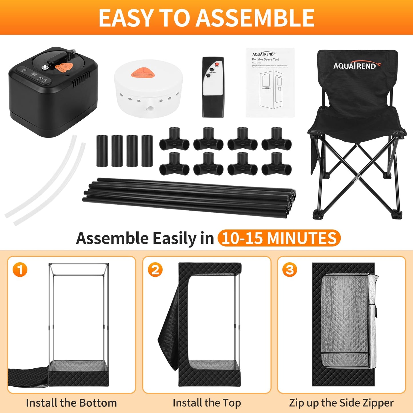 Aquatrend Portable Sauna Box for Home, 3' x 3' x 5.9' Personal Sauna Tent Full Size, 1200W 3L Steamer, Double Large Windows, Remote Control, Folding Chair, Fitness Gym Yoga Spa, Black