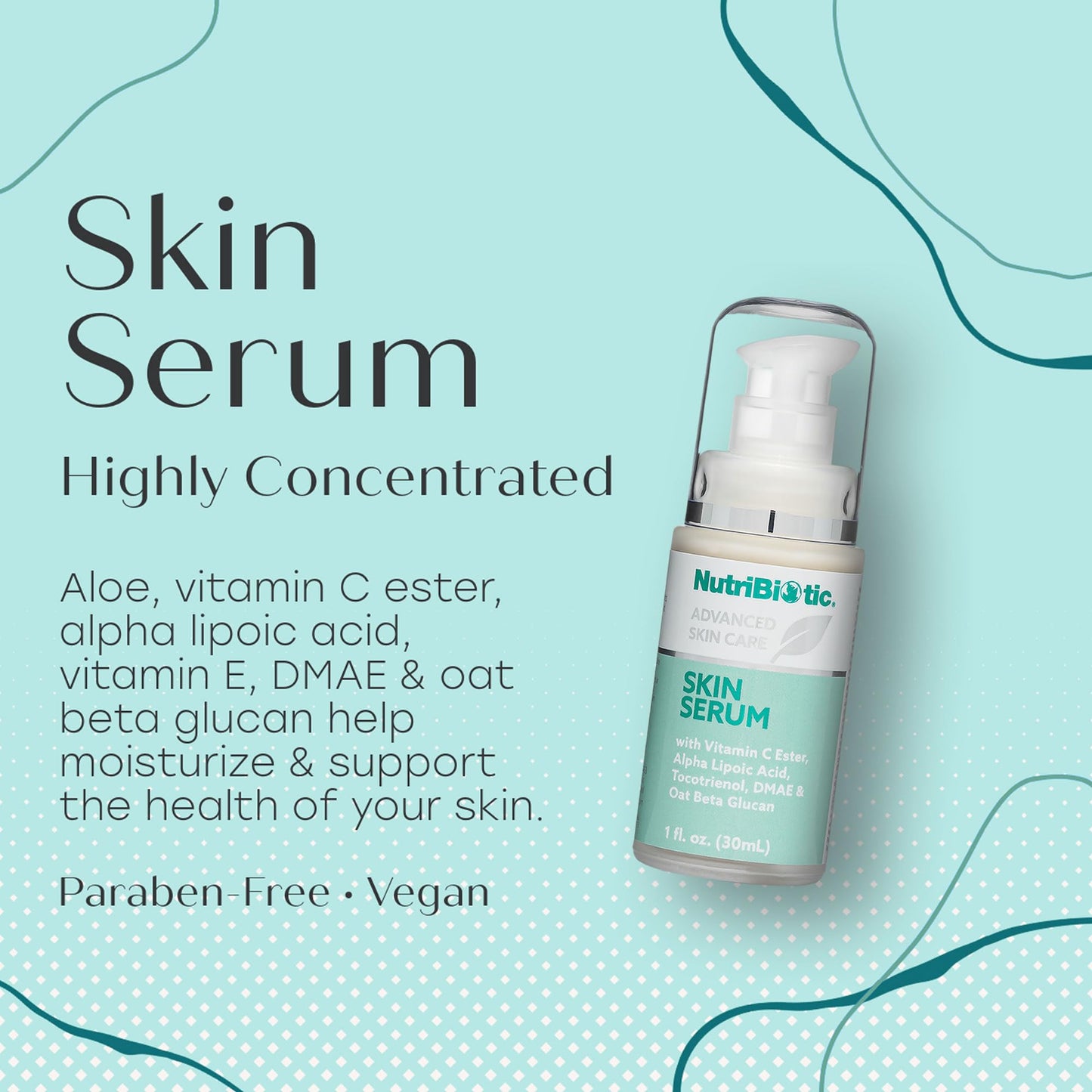 NutriBiotic Skin Serum, 1 Fl Oz | with Nutrients Oat Beta Glucan, Alpha Lipoic Acid, Vitamin C Ester, Tocotrienols & DMAE | Supe