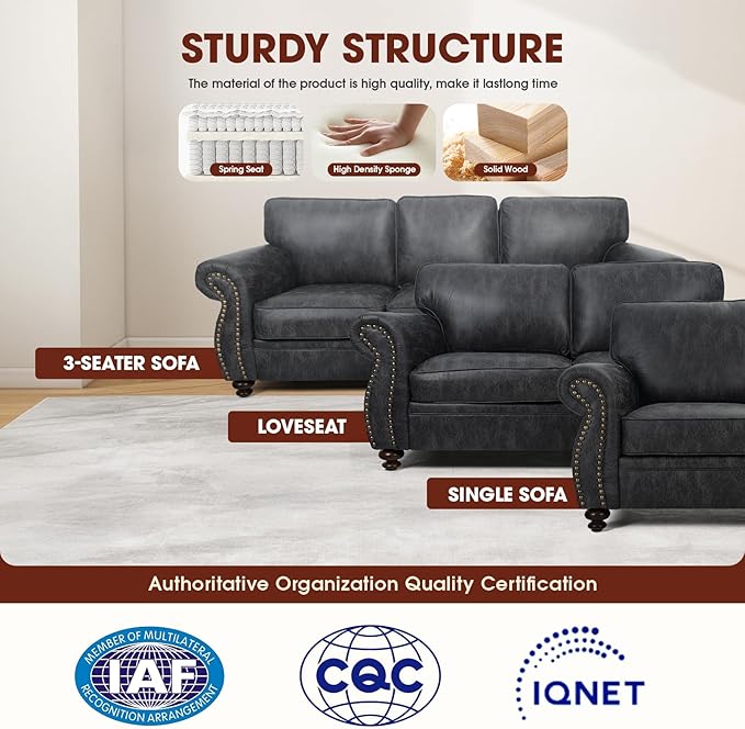 Couchus Living Room Furniture Sets,Sofa Sets and Couch Sets for Living Room,Mid-Century Vintage Sofa Couches with Rivet Design (Grey, Single+Loveseat+3 Seater)