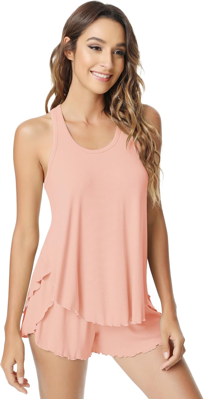 NACHILA Pajamas for Women-Viscose from Bamboo, Ribbed Racerback Tank Top Sexy Split Shorts Pajama Sets Cooling Sleep Cami Pjs
