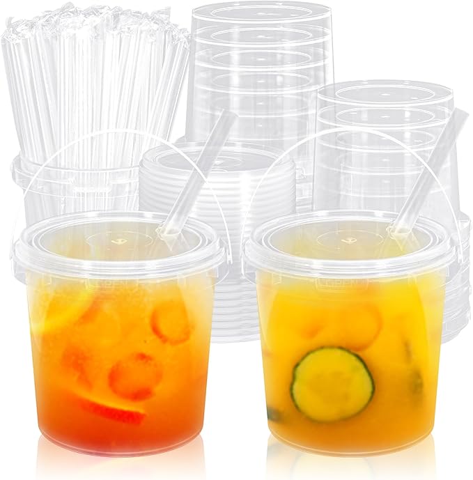 FYSUIMU 50Pcs Clear Plastic Cups with Lids & Straws 32 Oz Drink Bucket with Handle Disposable Cocktail Pails for Beach Poo...
