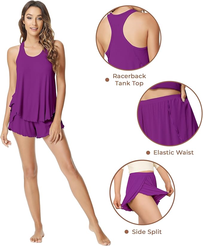 NACHILA Pajamas for Women-Viscose from Bamboo, Ribbed Racerback Tank Top Sexy Split Shorts Pajama Sets Cooling Sleep Cami Pjs