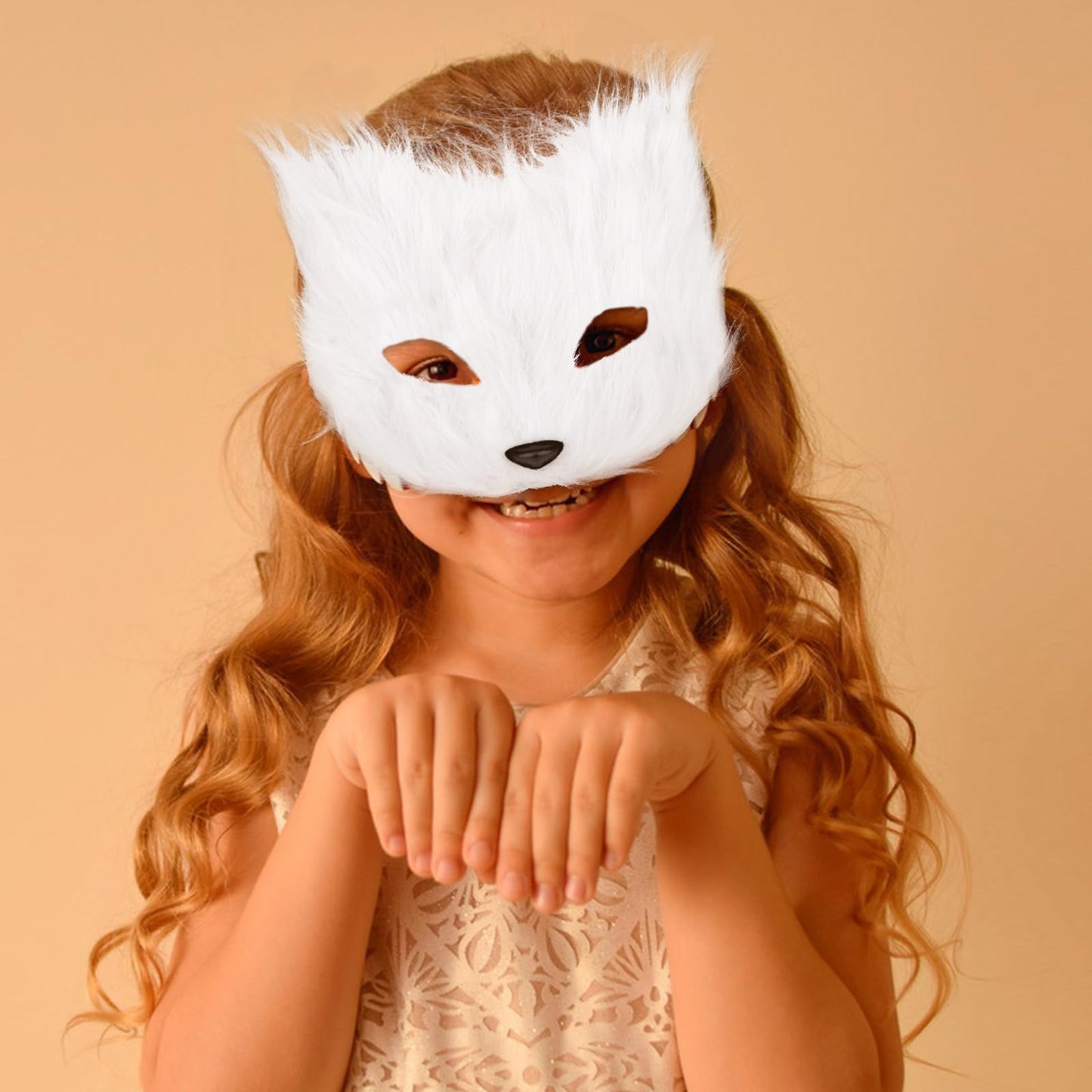 Jaciya Faux Furry Mask and Tail Set Halloween Costume Set for Women Fox Mask Wolf Tail Animal Party Costume-White