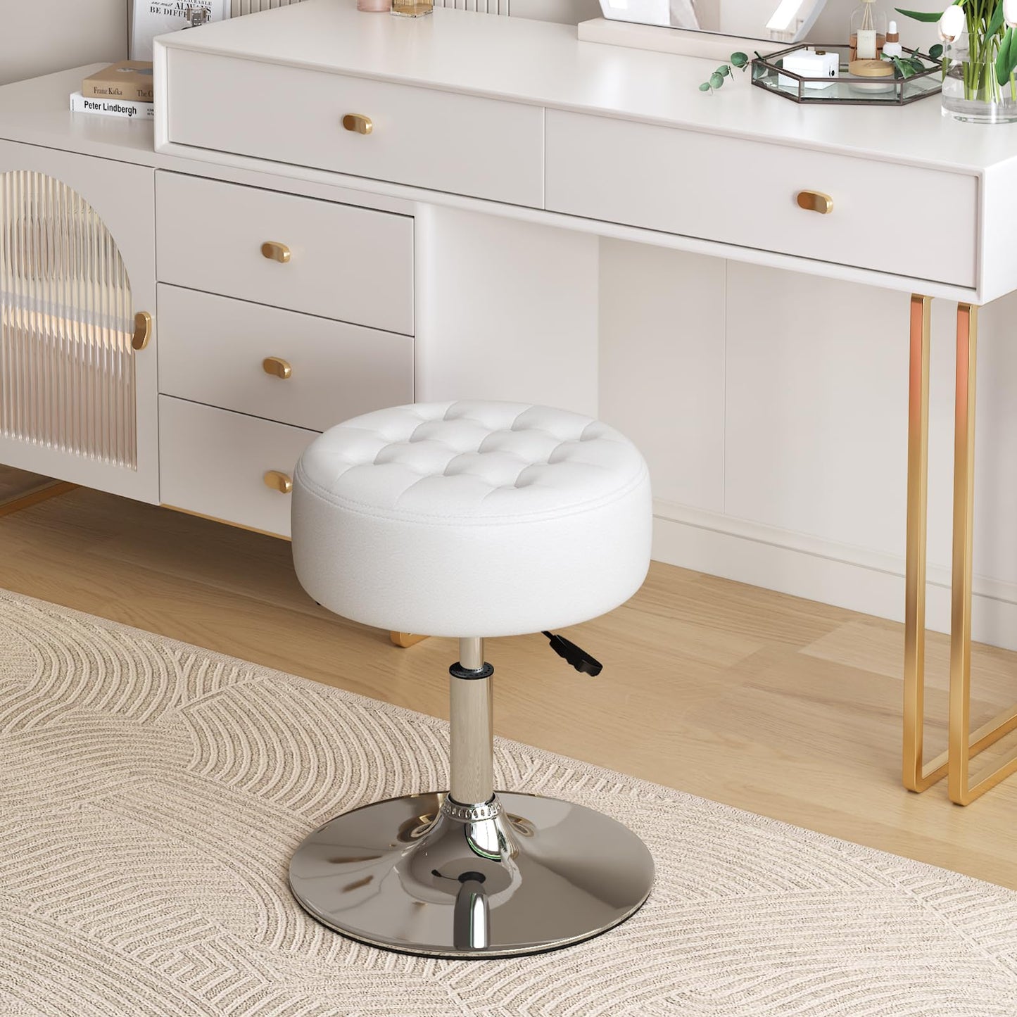 Furniliving Mid-Century Tufted Adjustable Swivel Makeup Ottoman Stool; Modern Big Size Round Vanity Stool Chair for Bedroom Living Room (White)