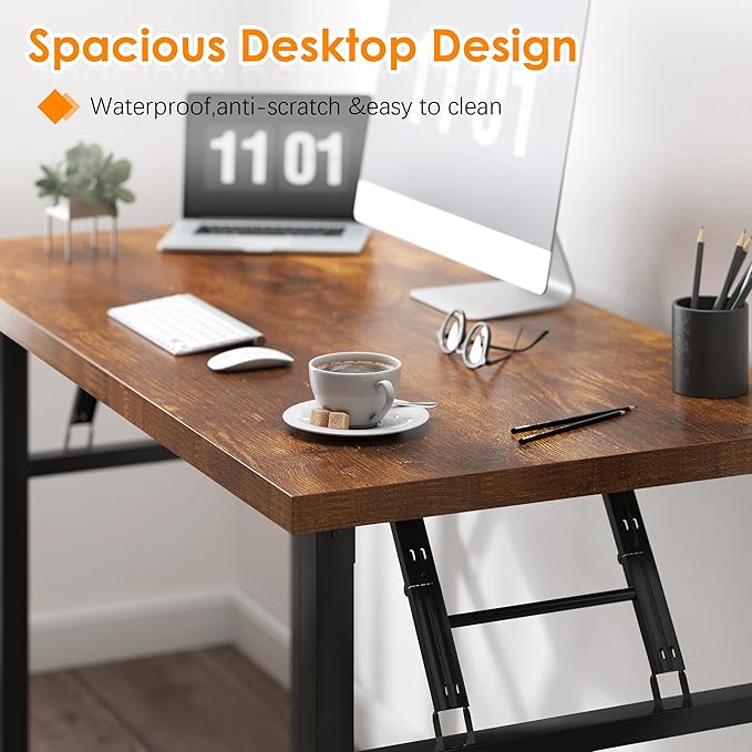 Need Office Computer Desk - 54.3L Sturdy and Heavy Duty Folding Laptop Table,Writing Table/Home Office Desk/Sewing Table,No Assembly Required (Rustic Brown & Black Frame)