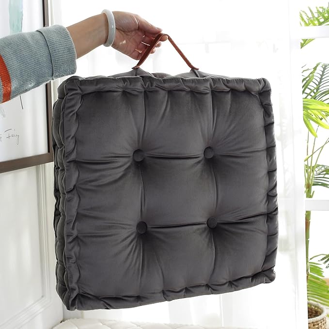 vctops Square Solid Color Velvet Seat Cushion with Handle Tufted Thicken Chair Pad Tatami Floor Pillow Cushion 16.5"x16.5"x4" Grey